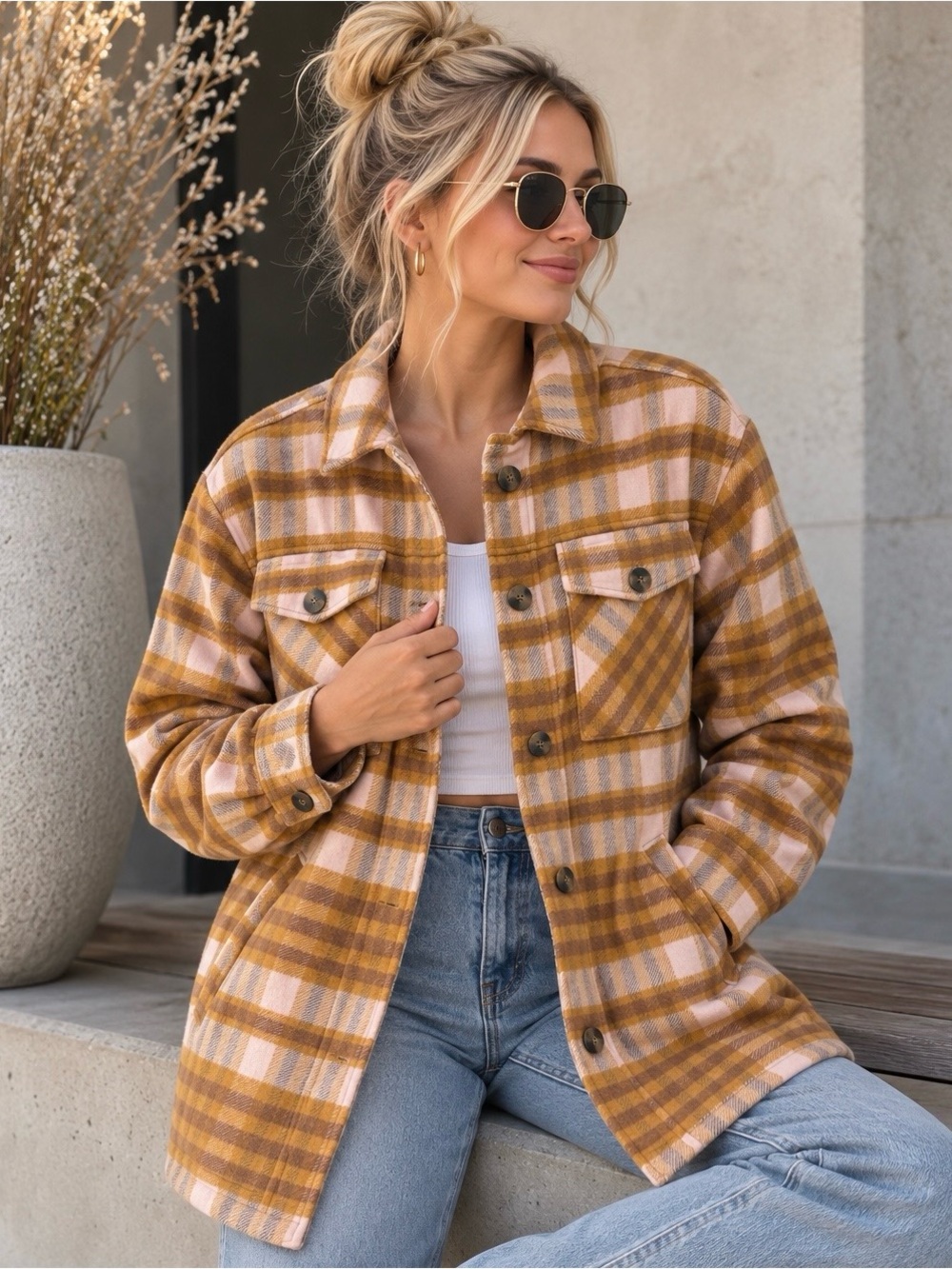 Love Tree Plaid Shacket Jacket Women’s S Pink Mustard Sherpa Lined Button Front